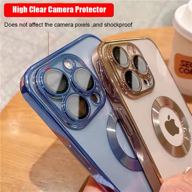 LuxuryKase Transparent Plating Hole Logo Case With Camera Protection For Iphone