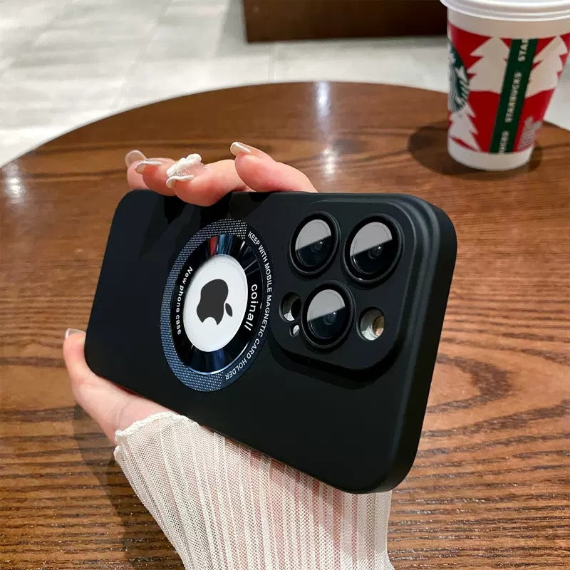 LuxuryKase Plain Hard PC Logo Cut Phone Case with Camera Lens Protector, Compatible with Mag-safe, Wireless Charging, and Magnetic Attachments For Iphone