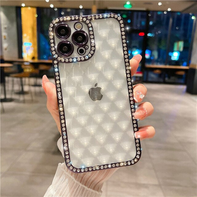 LuxuryKase Lingge Bling Glitter Bumper Transparent Shockproof Soft Case Cover For Iphone