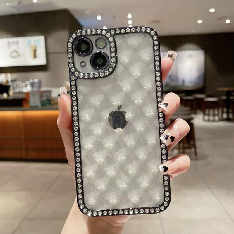 LuxuryKase Lingge Bling Glitter Bumper Transparent Shockproof Soft Case Cover For Iphone