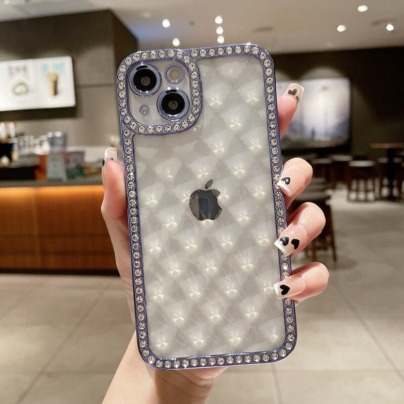 LuxuryKase Lingge Bling Glitter Bumper Transparent Shockproof Soft Case Cover For Iphone