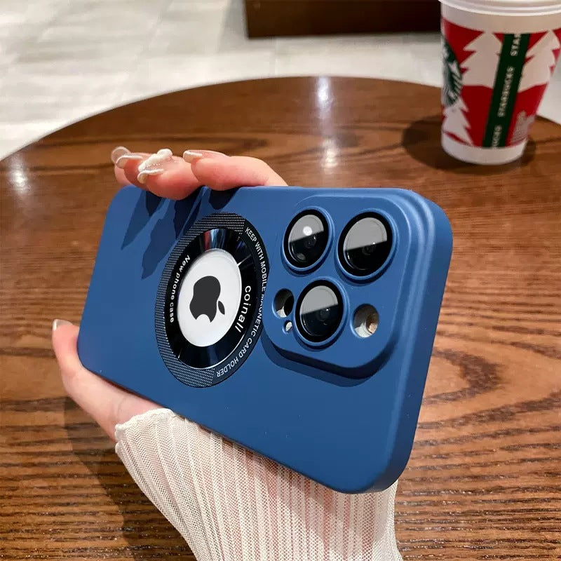 LuxuryKase Plain Hard PC Logo Cut Phone Case with Camera Lens Protector, Compatible with Mag-safe, Wireless Charging, and Magnetic Attachments For Iphone