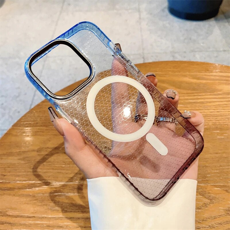 LuxuryKase LK080 Fashion Gradient Color Honeycomb Texture Soft Clear Case Compatible Mag-Safe Wireless Charging for iPhone