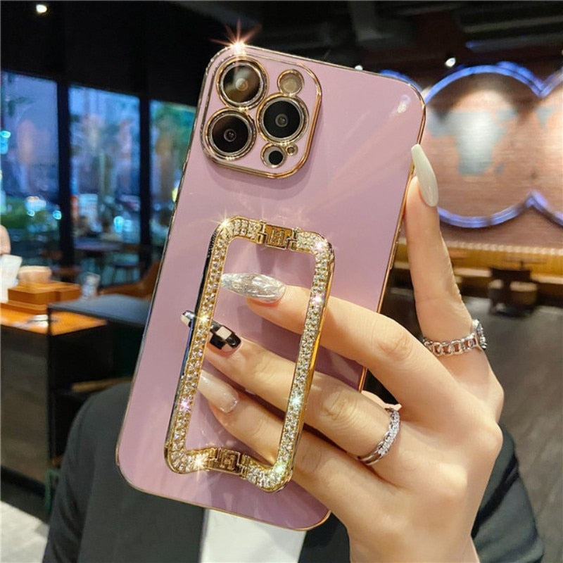 US LITE Crystal Square Holder Gold Plating Phone Case Cover for Iphone 11 12 Plus Mini Pro Max