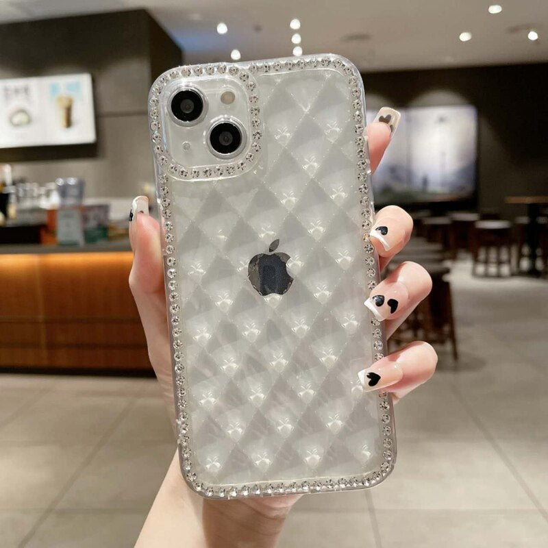 LuxuryKase Lingge Bling Glitter Bumper Transparent Shockproof Soft Case Cover For Iphone