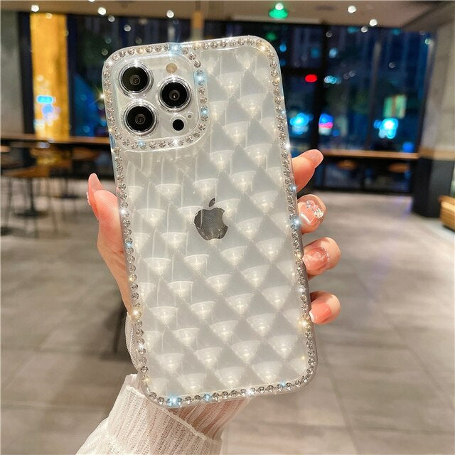 LuxuryKase Lingge Bling Glitter Bumper Transparent Shockproof Soft Case Cover For Iphone