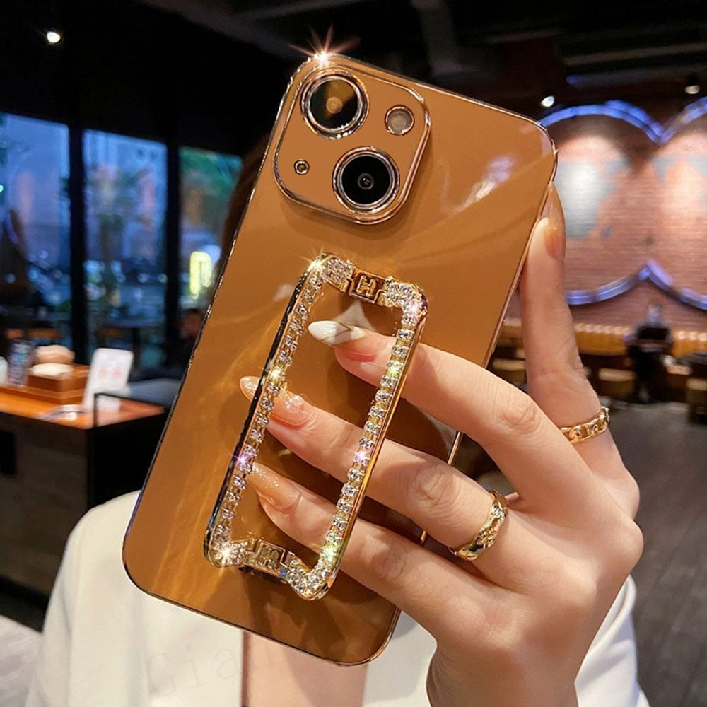 US LITE Crystal Square Holder Gold Plating Phone Case Cover for Iphone 13 14 Plus Mini Pro Max