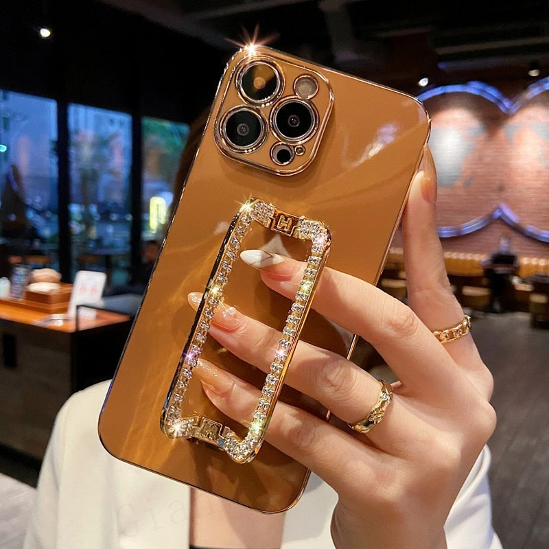US LITE Crystal Square Holder Gold Plating Phone Case Cover for Iphone 11 12 Plus Mini Pro Max