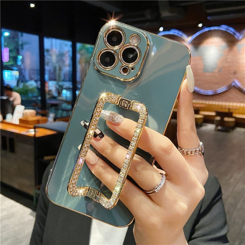 US LITE Crystal Square Holder Gold Plating Phone Case Cover for Iphone 11 12 Plus Mini Pro Max