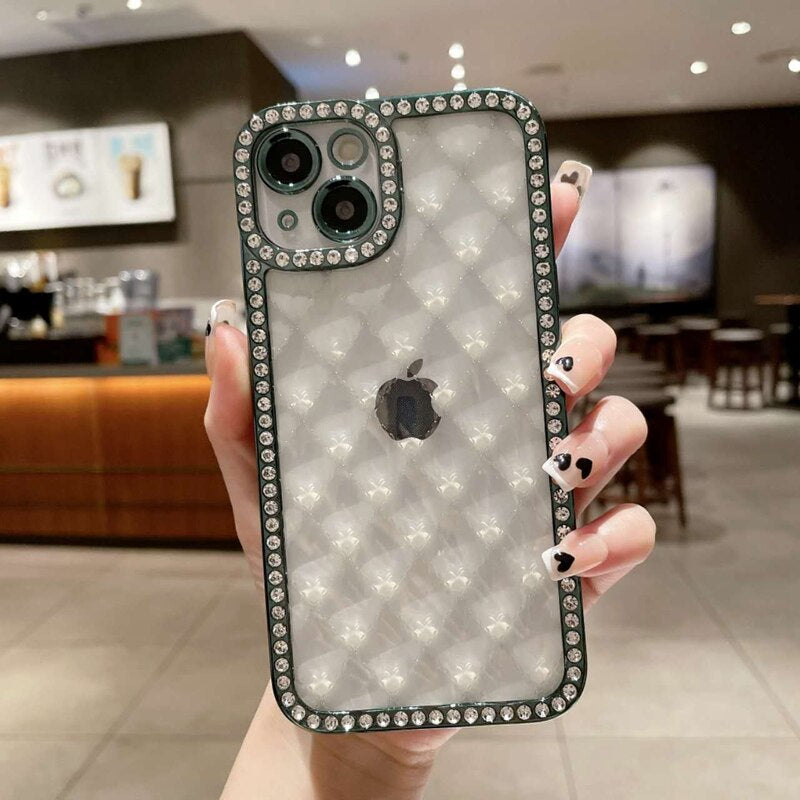 LuxuryKase Lingge Bling Glitter Bumper Transparent Shockproof Soft Case Cover For Iphone