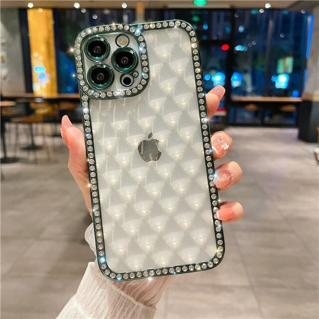 LuxuryKase Lingge Bling Glitter Bumper Transparent Shockproof Soft Case Cover For Iphone