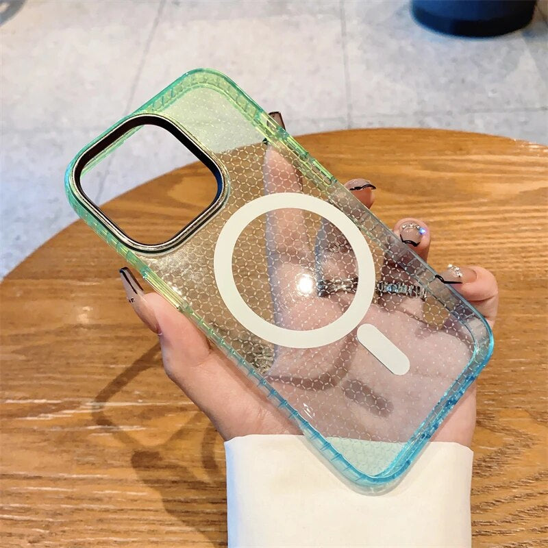 LuxuryKase LK080 Fashion Gradient Color Honeycomb Texture Soft Clear Case Compatible Mag-Safe Wireless Charging for iPhone