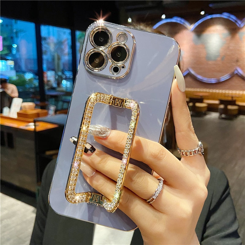 US LITE Crystal Square Holder Gold Plating Phone Case Cover for Iphone 11 12 Plus Mini Pro Max