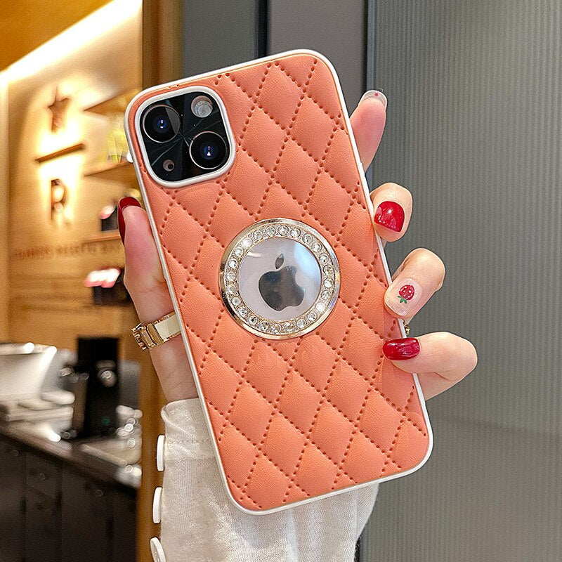 LuxuryKase Grid Glitter, Diamond Clear Logo, Jewelled Leather Case Cover For Iphone