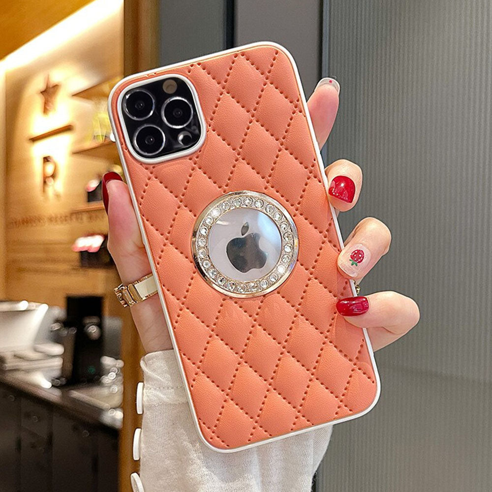 LuxuryKase Grid Glitter, Diamond Clear Logo, Jewelled Leather Case Cover For Iphone