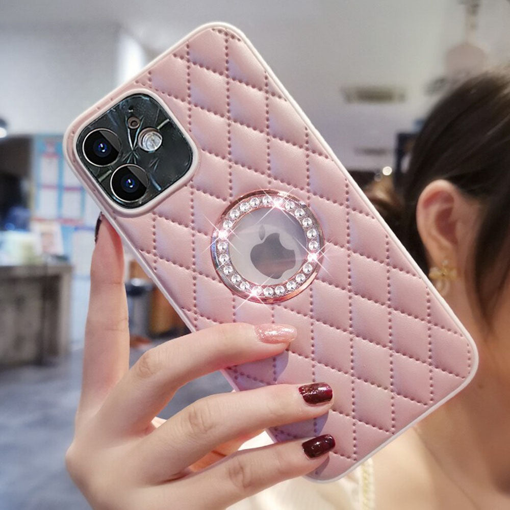 LuxuryKase Grid Glitter, Diamond Clear Logo, Jewelled Leather Case Cover For Iphone