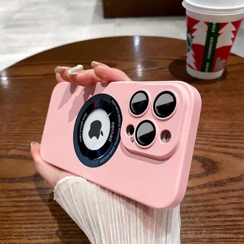 LuxuryKase Plain Hard PC Logo Cut Phone Case with Camera Lens Protector, Compatible with Mag-safe, Wireless Charging, and Magnetic Attachments For Iphone