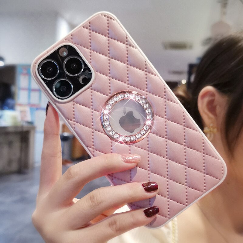 LuxuryKase Grid Glitter, Diamond Clear Logo, Jewelled Leather Case Cover For Iphone