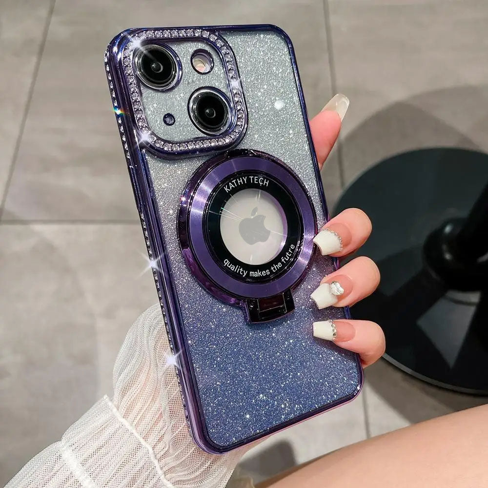 LuxuryKase LK111 Glitter Diamond Bracket Magnetic Holder Stand Mag-Safe Case For iPhone