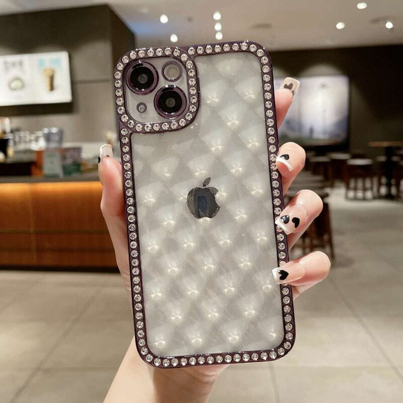 LuxuryKase Lingge Bling Glitter Bumper Transparent Shockproof Soft Case Cover For Iphone