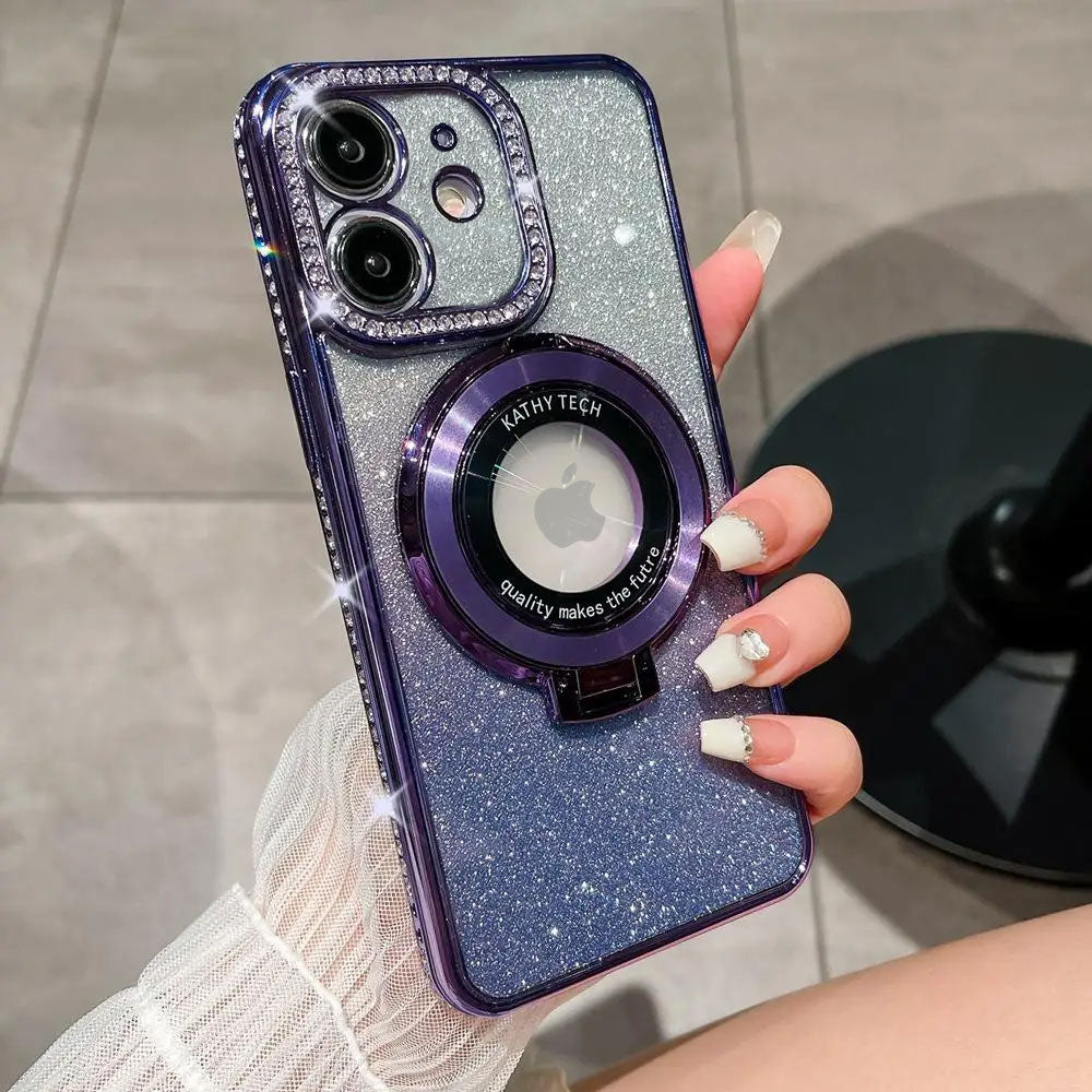 LuxuryKase LK111 Glitter Diamond Bracket Magnetic Holder Stand Mag-Safe Case For iPhone