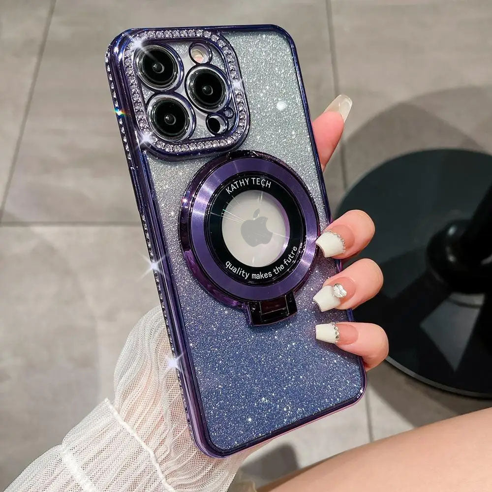 LuxuryKase LK111 Glitter Diamond Bracket Magnetic Holder Stand Mag-Safe Case For iPhone