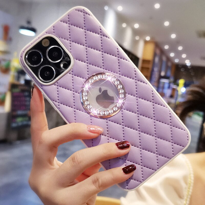 LuxuryKase Grid Glitter, Diamond Clear Logo, Jewelled Leather Case Cover For Iphone
