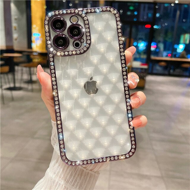 LuxuryKase Lingge Bling Glitter Bumper Transparent Shockproof Soft Case Cover For Iphone