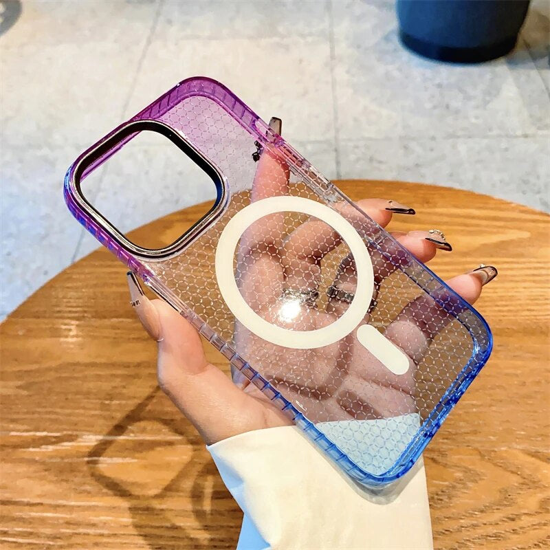 LuxuryKase LK080 Fashion Gradient Color Honeycomb Texture Soft Clear Case Compatible Mag-Safe Wireless Charging for iPhone