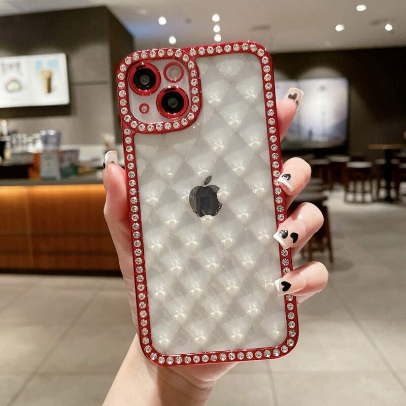 LuxuryKase Lingge Bling Glitter Bumper Transparent Shockproof Soft Case Cover For Iphone