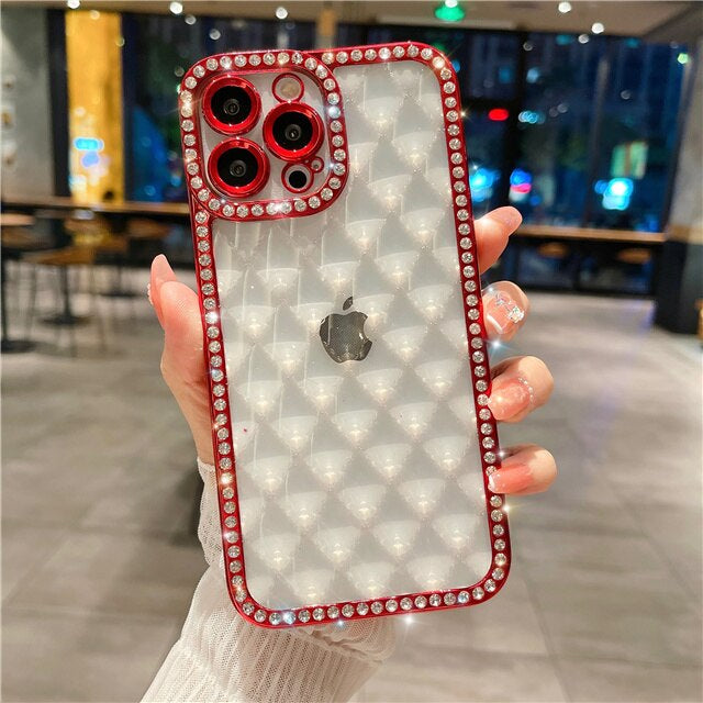 LuxuryKase Lingge Bling Glitter Bumper Transparent Shockproof Soft Case Cover For Iphone