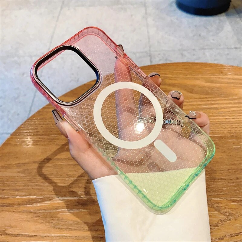 LuxuryKase LK080 Fashion Gradient Color Honeycomb Texture Soft Clear Case Compatible Mag-Safe Wireless Charging for iPhone