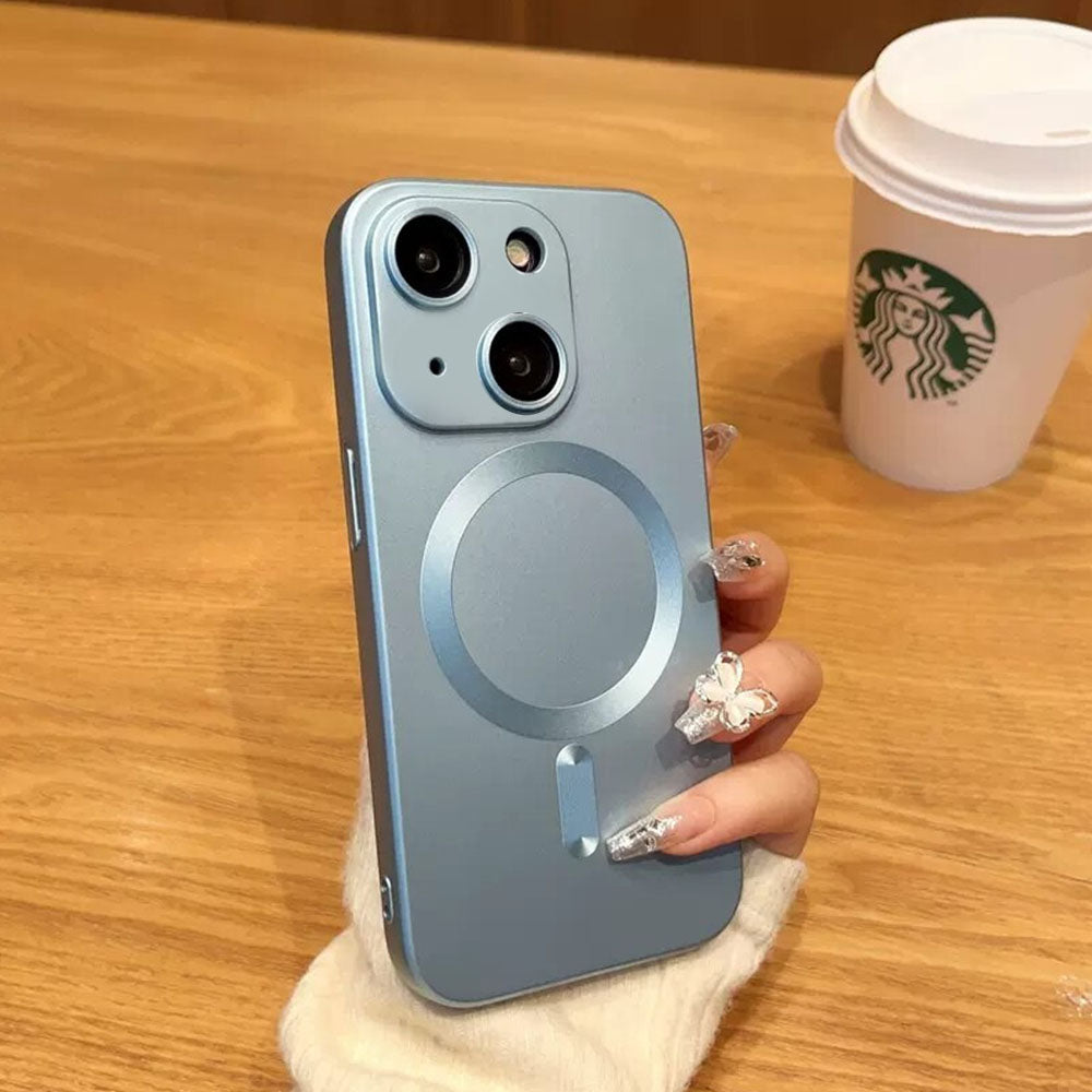 LuxuryKase compatible-magsafe Magnetic Wireless Charging Matte Shockproof Silicone Case with Lens Protector Glass - For Iphone