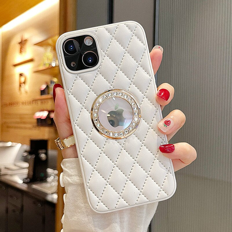LuxuryKase Grid Glitter, Diamond Clear Logo, Jewelled Leather Case Cover For Iphone