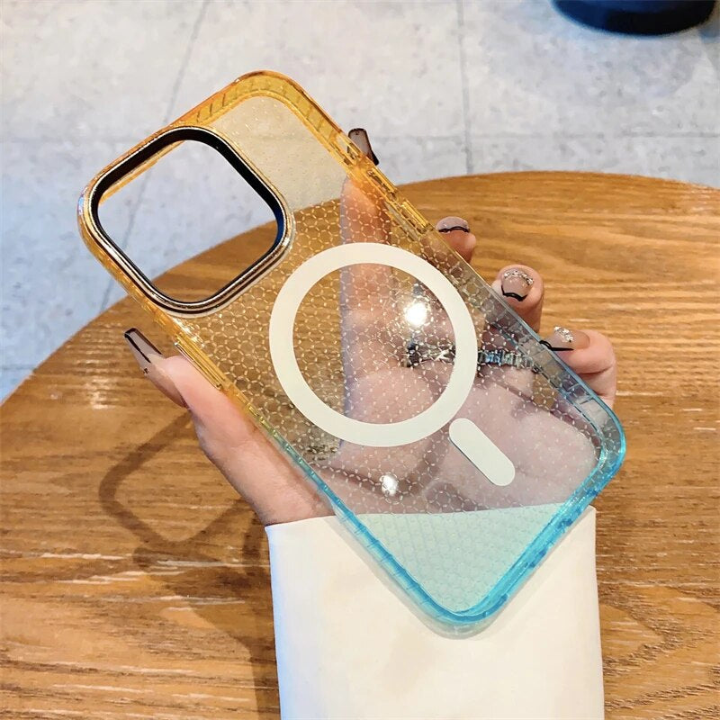 LuxuryKase LK080 Fashion Gradient Color Honeycomb Texture Soft Clear Case Compatible Mag-Safe Wireless Charging for iPhone