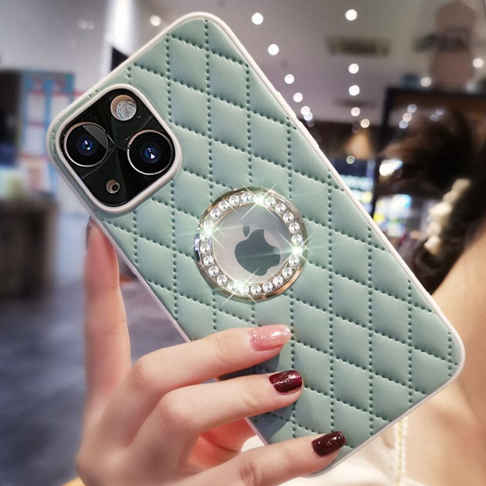 LuxuryKase Grid Glitter, Diamond Clear Logo, Jewelled Leather Case Cover For Iphone