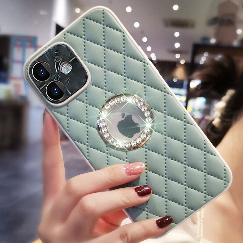 LuxuryKase Grid Glitter, Diamond Clear Logo, Jewelled Leather Case Cover For Iphone