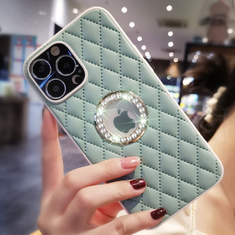 LuxuryKase Grid Glitter, Diamond Clear Logo, Jewelled Leather Case Cover For Iphone